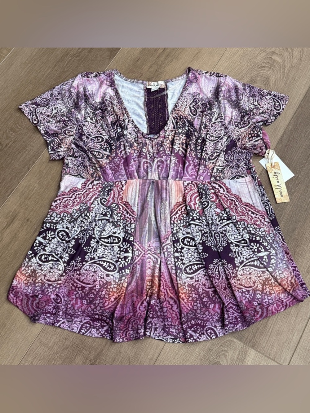 Unity World Fairy Tunic Top Womens L Purple Paisley Pleated Babydoll Hankerchief